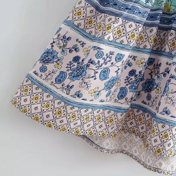 Boho Blue Floral Paisley Short Sleeve Ruffle Dress - Picture 8 of 9